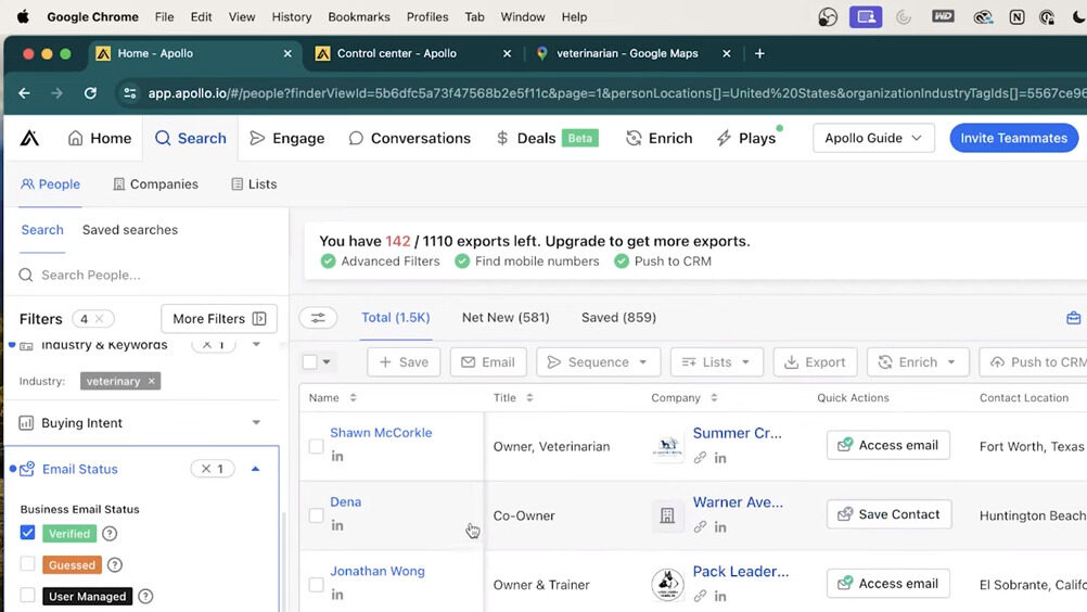 Apollo lead generation dashboard showcasing advanced filtering options.