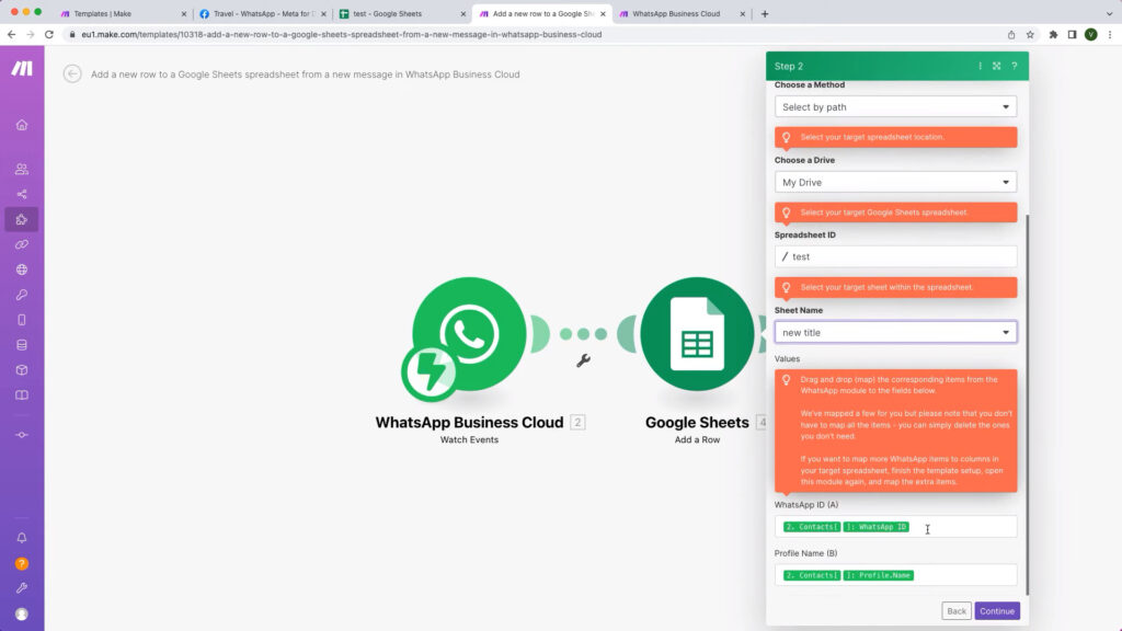 Make Dashboard showing WhatsApp integration with Google sheets