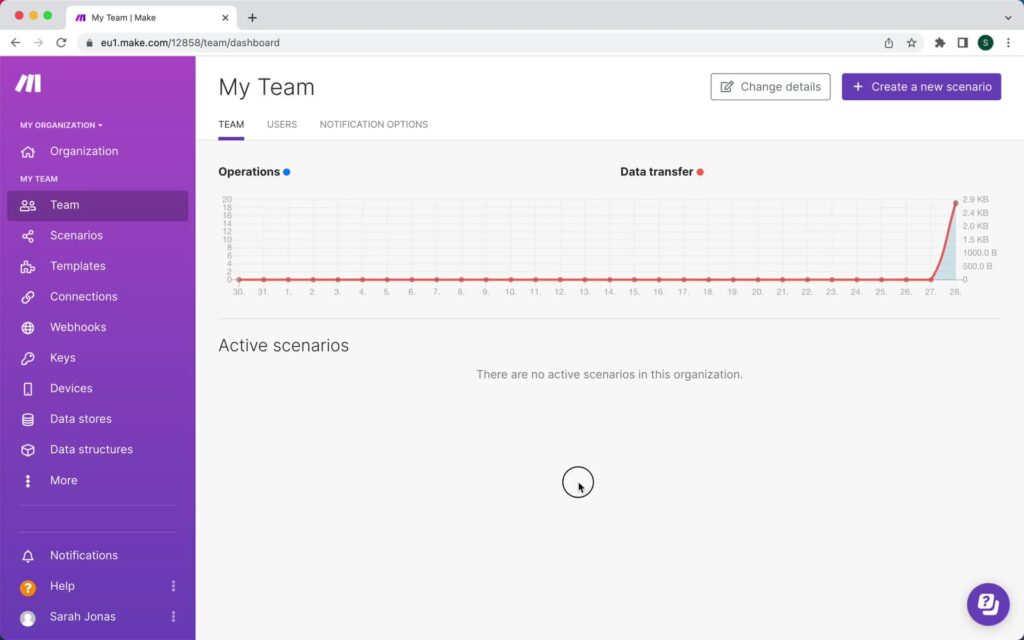 Make.com dashboard showcasing an automation scenario setup.